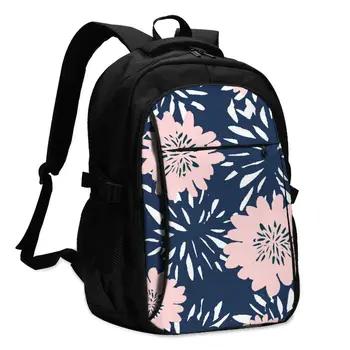 

Hot USB Charging Laptop Women's Backpack For Teenage Students School Backpack Flowers In Blue And Pink Pastel Travel Bagpack