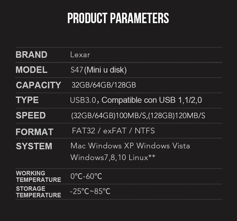 Lexar USB 3,0 S47 мини-флеш-накопитель 32 Гб 64 Гб 128 ГБ 256 бит AES USB флеш-накопитель Флешка U диск USB ключ Флешка для ПК