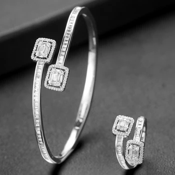

GODKI Trendy Stacks Jewelry Set For Women Wedding Baguette Saudi Arabia Bangle Ring Set Engagement brincos para as mulheres 2020