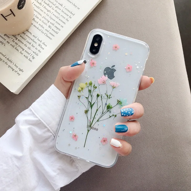 Настоящие сухие цветы чехол для телефона для iPhone X 7 8 Plus прозрачный мягкий ТПУ красивый прессованный задний Чехол для iPhone 11 11 Pro Max - Цвет: 24
