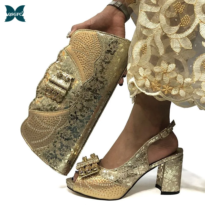 gold heels and bag