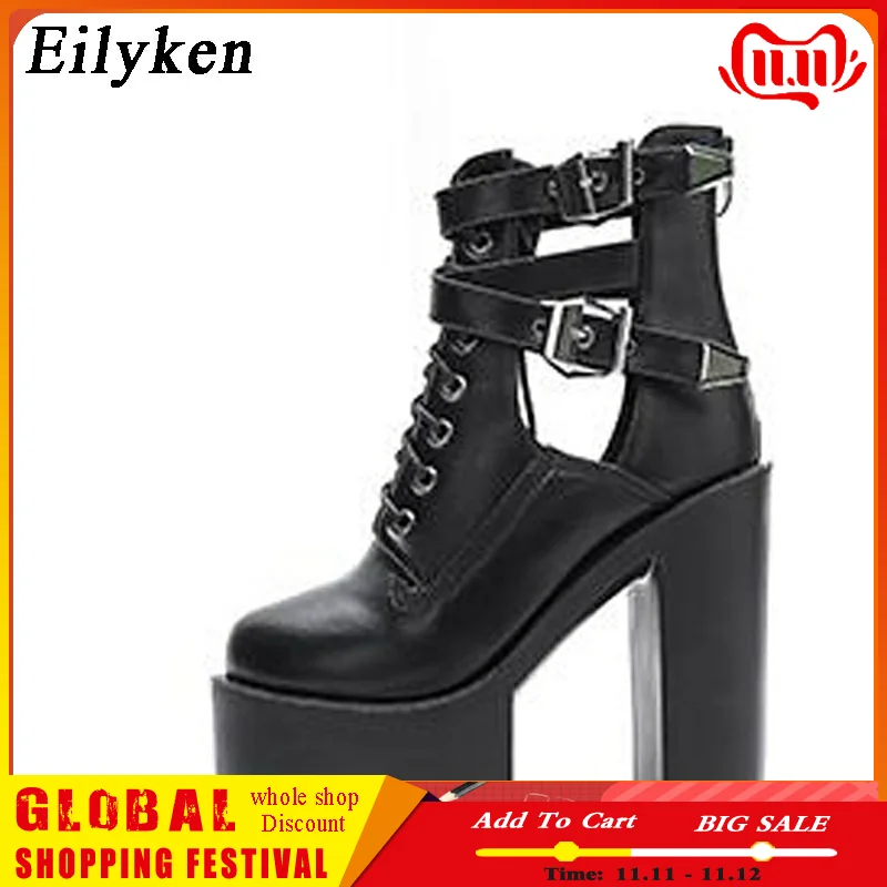 Online Eilyken Mode 2019 Herbst Frauen Stiefel 16CM Plattform Schnalle Lace Up Leder Kurze Sandalen Boot Schwarz Damen Schuhe