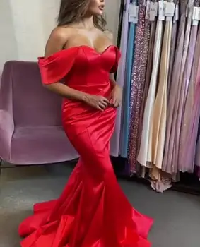 

Elegant Long Off Shoulder Red Prom Dresses Mermaid Corset Back Custom Made V-Neck Formal Party Dresses Robe Soiree Femme