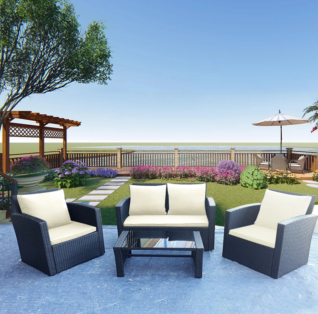 Panana Outdoor Furnitures 4 Piece Rattan Garden furniture Table Chairs Sofa Set US stock