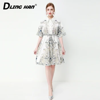 

LINGHAN Vintage Print Dress Women's Fashion Diamonds Turn-down Collar Short sleeve Party Dresses Designer Spring Summer New