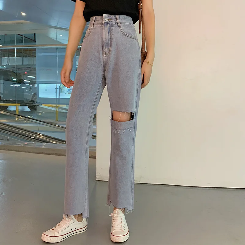 

3210 Torn Edge with Holes Jeans Women's Autumn 2019 New Style Korean-style Versatile High-waisted Straight-leg Pants Capri Pants