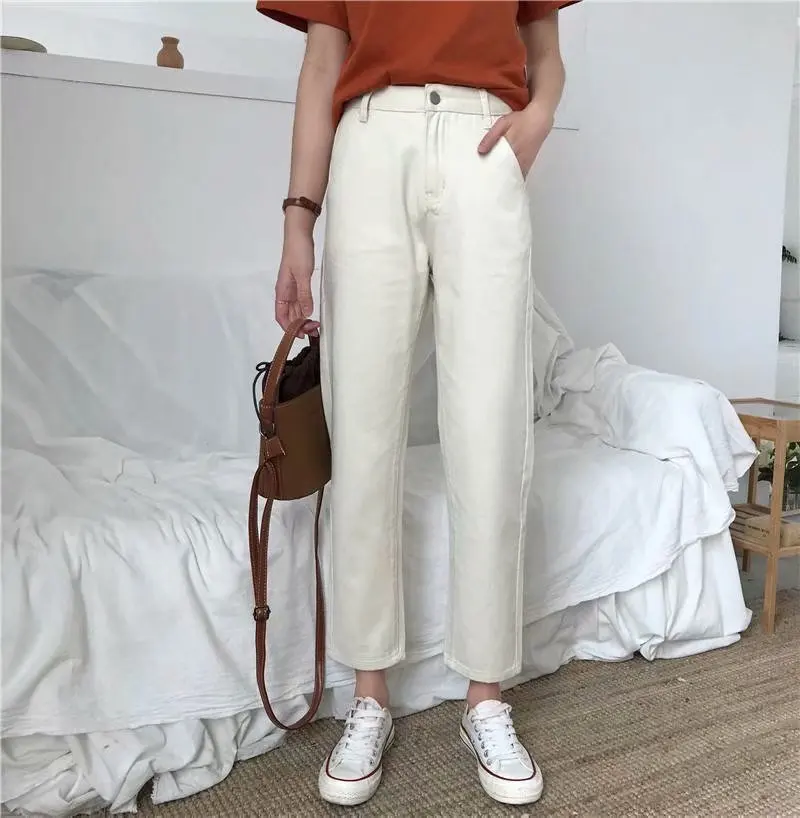 Джинсы женские, большие размеры, 5XL, прямые, однотонные, повседневные, в Корейском стиле, по щиколотку, простые, универсальные, с высокой талией, свободные, повседневные, винтажные, шикарные