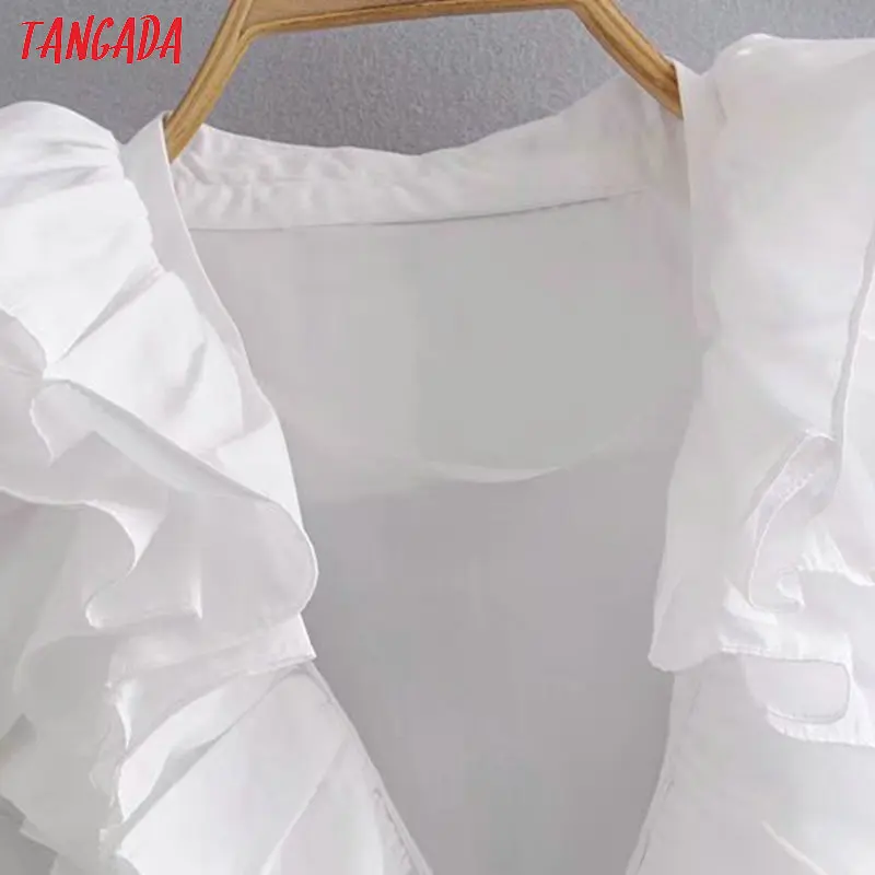 Tangada, Женская белая блузка с рюшами, Ретро стиль, длинный рукав, v-образный вырез,, женские повседневные рубашки, Стильные топы, blusas 3A18
