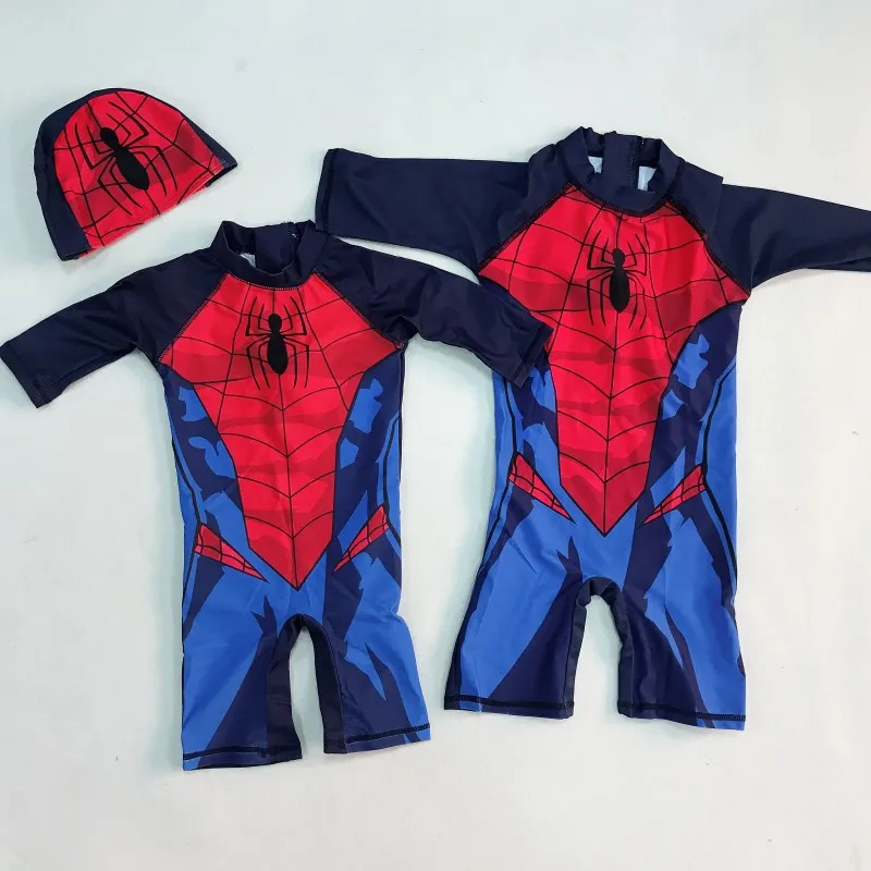 Принт супергероев, купальник детская одежда для плавания, детский купальный костюм Цельный купальник Бэтмен, купальник в Стиле Человека-паука с шапочкой Sw