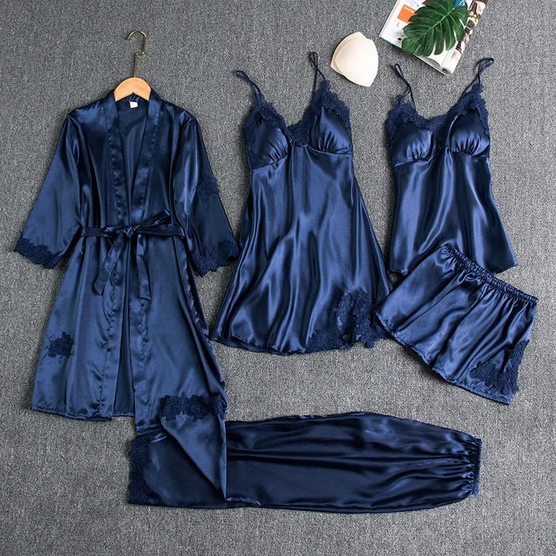 Spring Pajamas Suit Sexy Five Piece Set SEXY Lace Trim Wedding Robe Set Kimono Bathrobe Gown Thin Silk Sleepwear Home Clothes womens pyjama sets