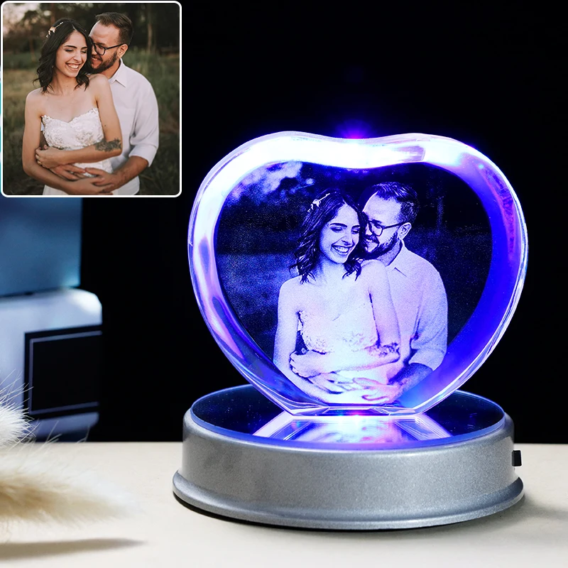 Anniversary Wedding Gifts for Her Women Personalised Photo Custom 2D Frame Laser Engraved K9 Crystal Heart Shape