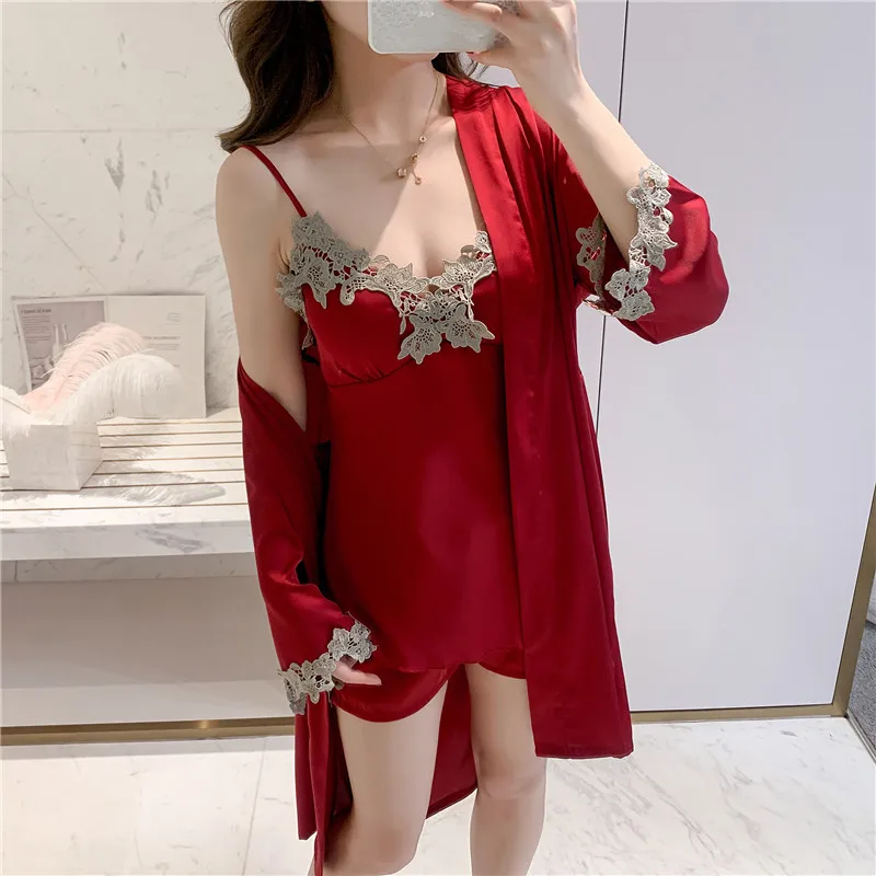 Pajamas Suit Women Lace Sexy Three Piece Home Wear Casual Nightwear 
