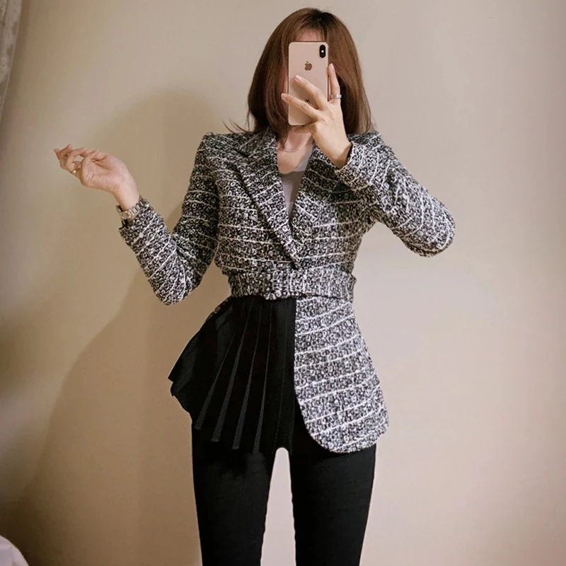 

Women Turn-down Collar Blazer Outerwear Ladies Long-sleeved Patchwork Black Panelled Pleated Woolen Tweed Coat