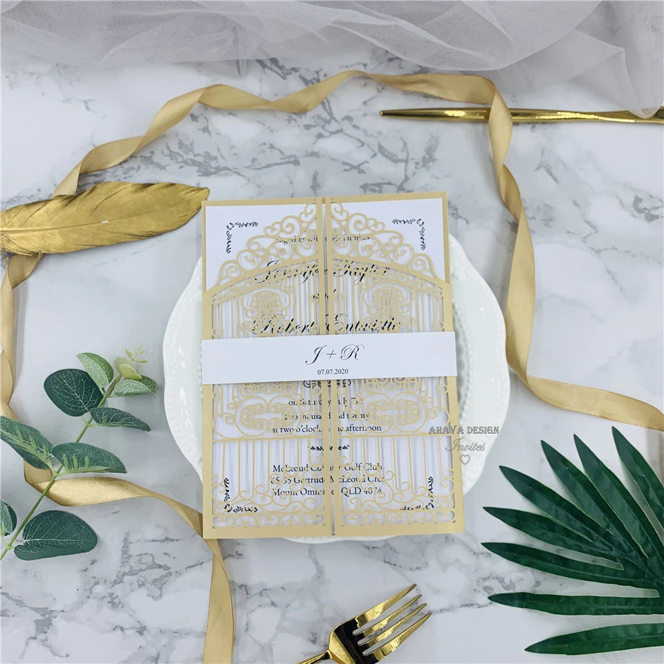 Personalised Laser Cut Gate Fold Wedding Invitations Free Print Cards Envelopes