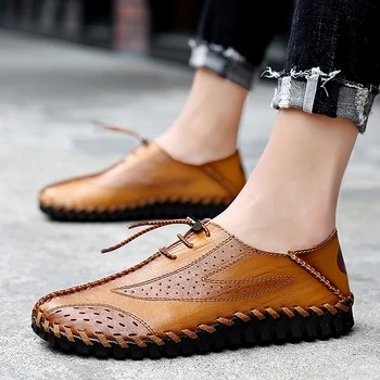 

men loafers shoes handmade Genuine Leather Men Casual Shoes sewing Mens Loafers Moccasins Breathable Slip on Shoes big size 47