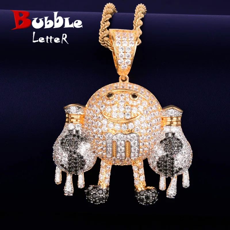 

Hand holding Dollar Pouch Dripping Emoji Pendant Necklace Charm Gold Silver Ice Cubic Zircon Men's Hip hop Rock Jewelry