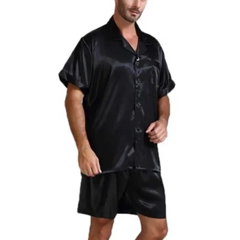 

2pcs Men's Pajama Sets Summer Casual Pajamas Kimono Robe Sleepwear Tops+Shorts Home Sleepwear Solid Color Comfortable Male