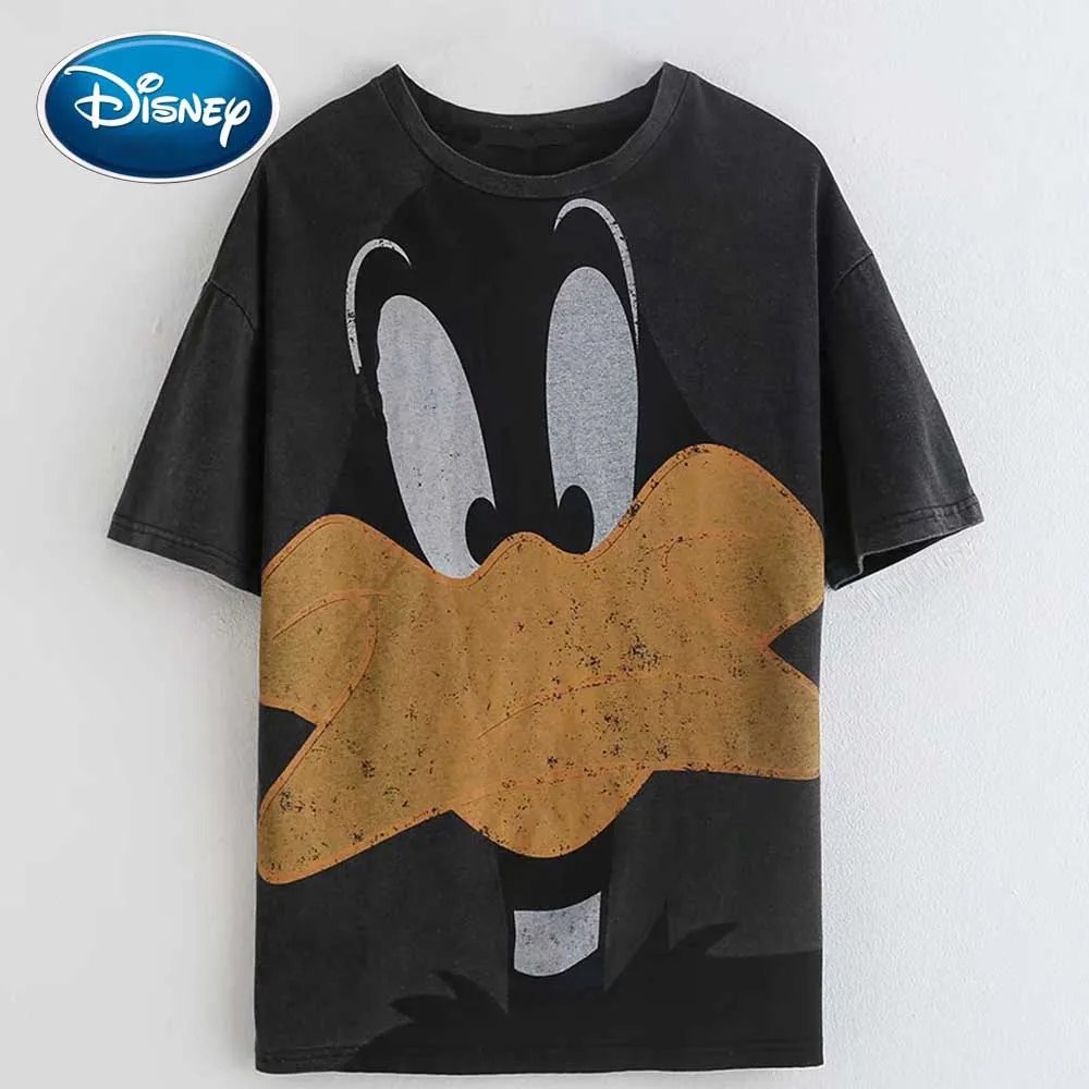 Disney Стильная Милая футболка Looney ttes Daffy Duck с мультяшным принтом, пуловер с круглым вырезом и коротким рукавом, Повседневная модная женская футболка