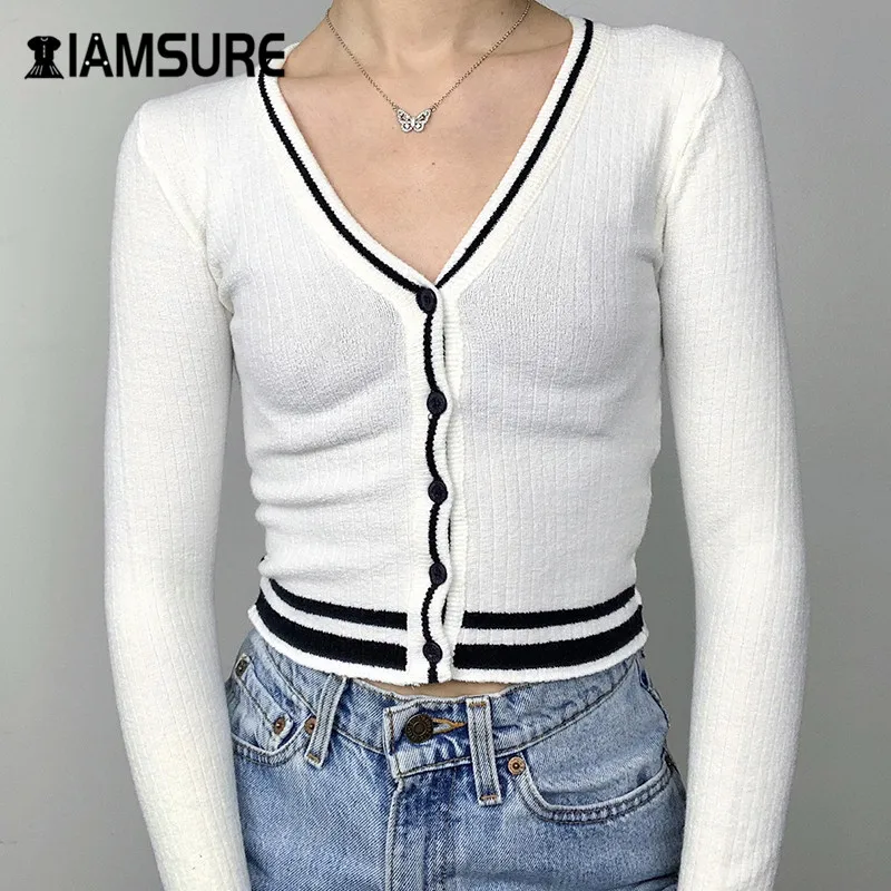 

IAMSURE Kpop Long Sleeve Casual Basic Cardigans Sweater For Women 2020 Autumn Winter Fashion Patchwork V Neck 90s Sweater