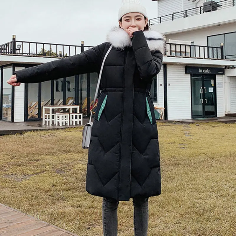 Зимняя утолщенная теплая тонкая парка для женщин, длинное пальто, модные парки с большим меховым воротником и капюшоном, Женская хлопковая верхняя одежда, Feminino