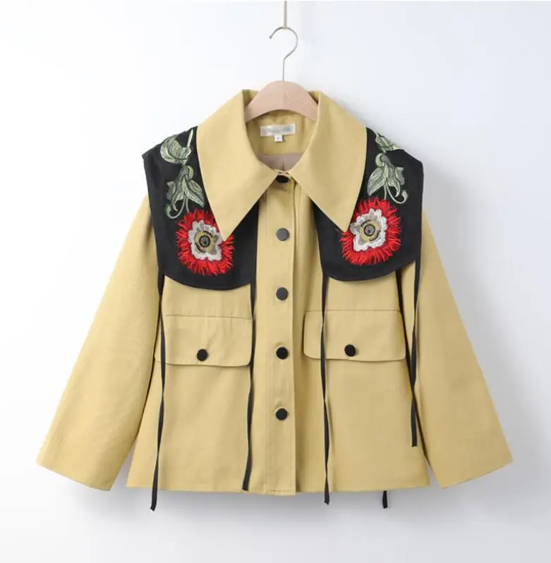 

2019 autumn new Jacket Coat Women Plus size Single-breasted Rose embroidery Stitching Loose Short Outerwear jackets p1518