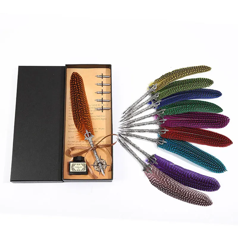 

New Retro Pearl Crown Feather Pen Set High Quality Stainless Steel Nib Feather Pen Exquisite Gift Box Packaging Office Stationer