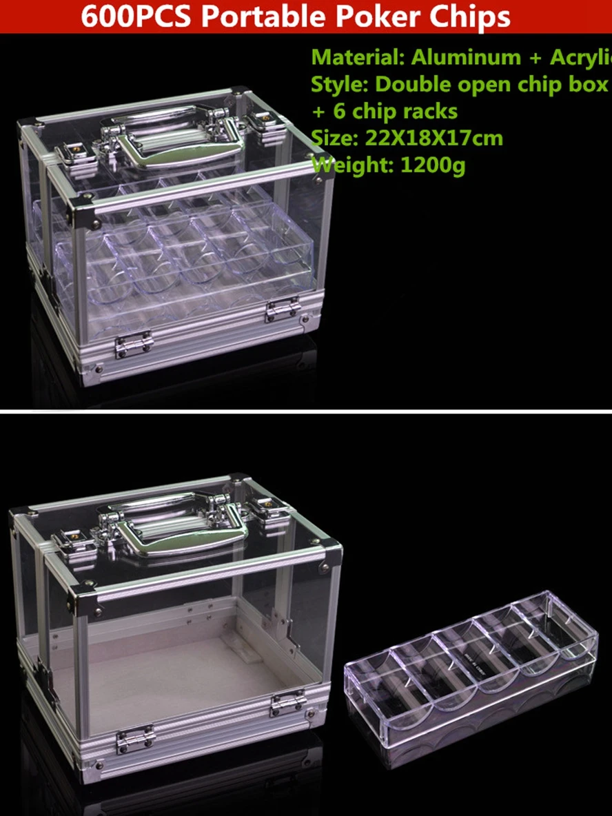 600 sztuk przenośne żetony do pokera Case przezroczyste aluminium + akrylowe walizka wysokiej jakości gra kasyno Tackles schowek