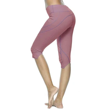 

Crop Gym Leggings Summer Seamless Sport Leggings Women Pant Elastic Stripe Capris 3/4 Running Trouser Fitness Female