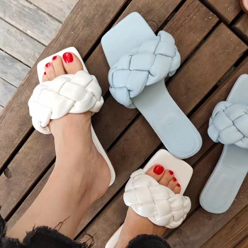 

2020 New Brand Women Slipper Fashion Weave Slip On Slides Open Toe Flat Casual Flip Flops Summer Outdoor Beach Slippers Slide