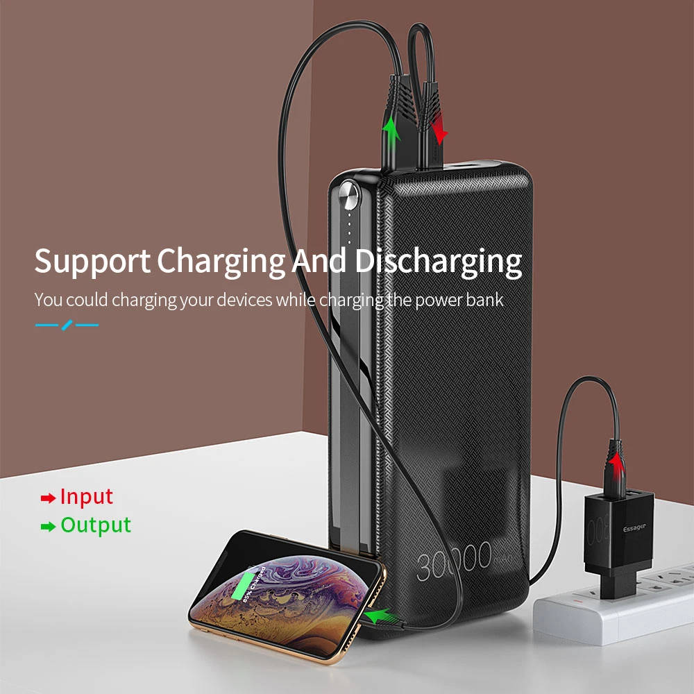 Essager, 30000 мА/ч, зарядное устройство, быстрая зарядка, 3,0 PD, USB C, 30000 мА/ч, зарядное устройство для Xiaomi Mi, iPhone, портативное Внешнее зарядное устройство