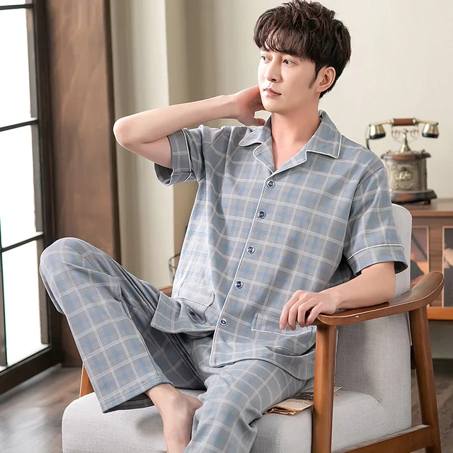 Summer Mens Pajamas Sets Plaid Lapel 