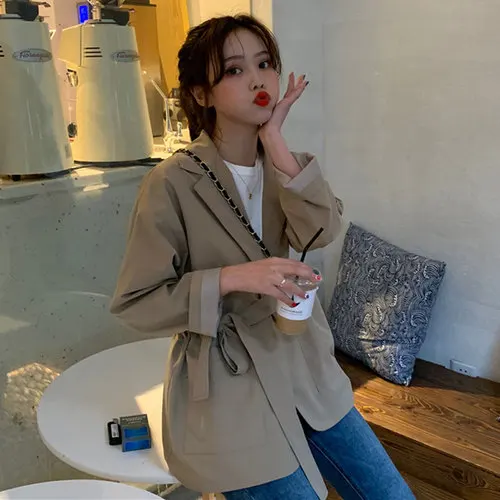 khaki coat Neploe Новое поступление бандажные Блейзеры Feminino Весна Осень Корейская одежда Длинные рукава свободные однотонные куртки Женское пальто 90530 - Цвет: khaki coat
