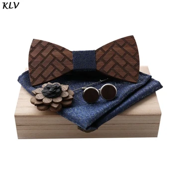 

Simple Fashion Brooch Bow Tie Hanky Cufflinks Set Wooden Corsage Men Women Wedding Party Dating Jewelry