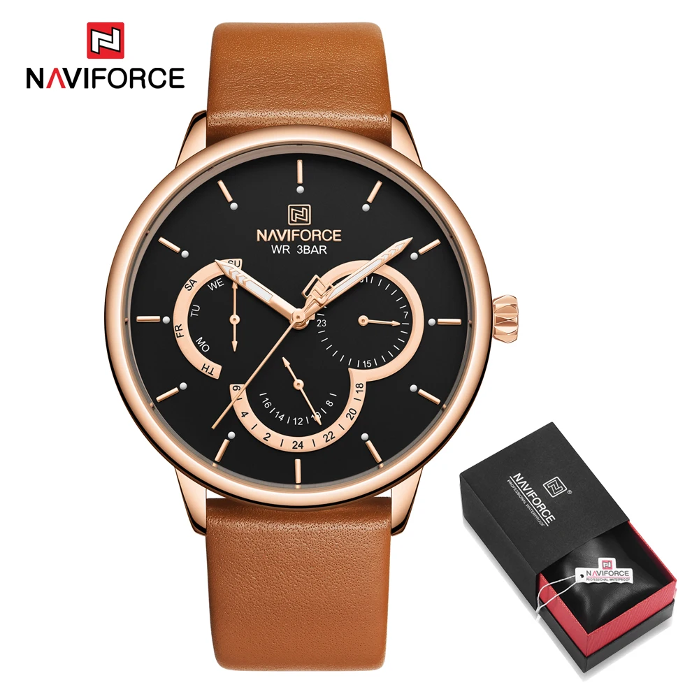 RoseGold in Box Часы с большим циферблатом, хронограф, кожаные часы для мужчин, NAVIFORCE, Новые повседневные Брендовые Часы для мужчин, светящиеся часы с календарем, кварцевые часы - Цвет: RoseGold in Box