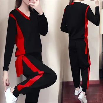 

Fashion Autumn Winter Women Knitted Tracksuit Two-piece Suite Long Sleeve Sweater Pullover+Set Elastic Waist Long pants Suit