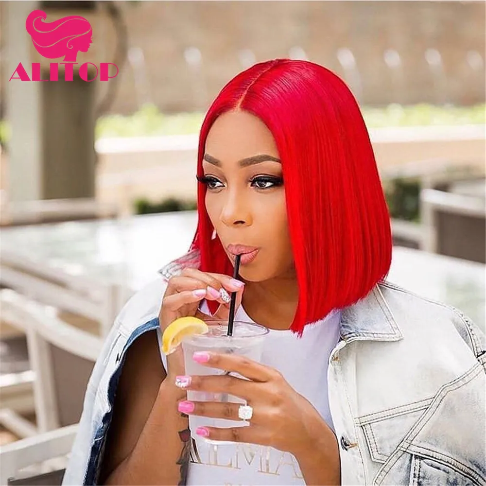 

ALITOP 13x4 Red Bob Wig Lace Front Human Hair Wigs Ombre 613 Blonde Blue Green Grey Purple Bob Straight Brazilian Remy Hair Wigs