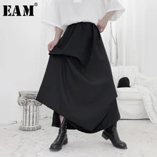 [EAM] высокая эластичная талия черная Асимметричная плиссированная темпераментная юбка средней длины Женская мода Новинка весна осень 19A-a652