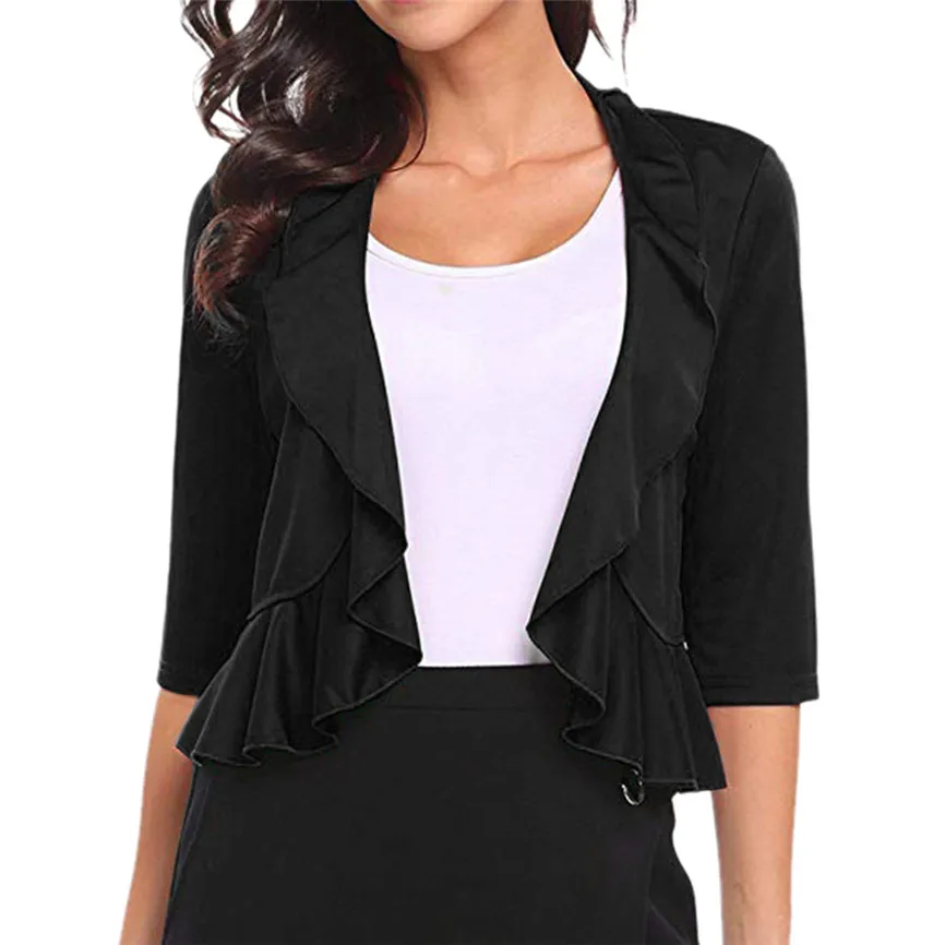 

Women Jackets Spring Autumn Women Shorts Party Flouncing Solid Color Ruffles Peplum Cardigan Outerwear Feminine Coat