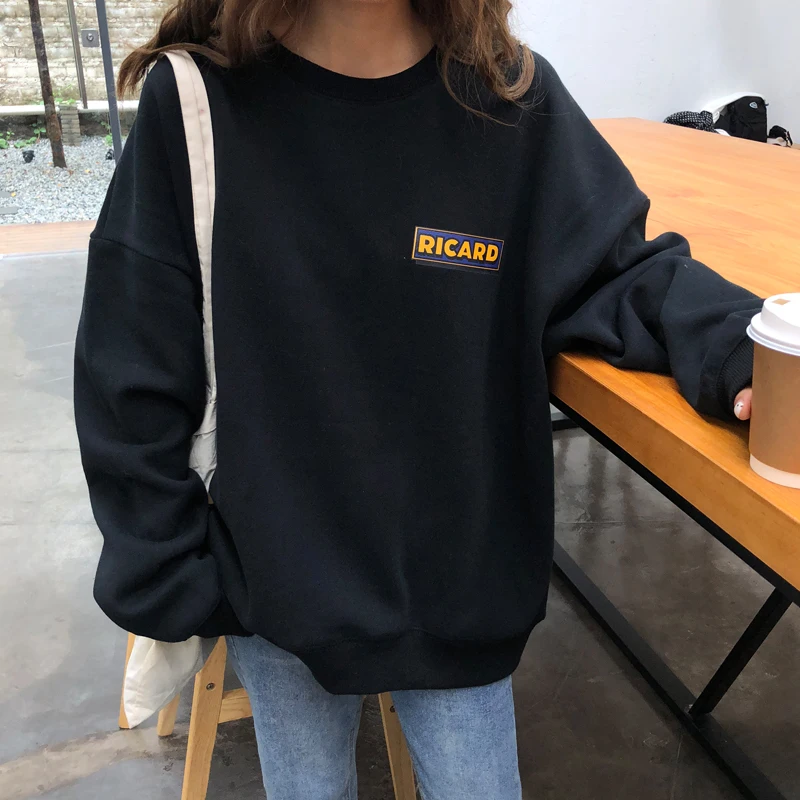 Харадзюку мультфильм английский принт толстовка женская Повседневная с длинным рукавом Свободный пуловер с капюшоном осенний и зимний флисовый пуловер с капюшоном