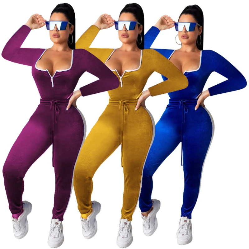 

Cut Out Bodycon Bodysuit Long Pants Two Piece Set Sexy Casual Outfits For Women Korean Suede Fabric Halloween Costume Zipper