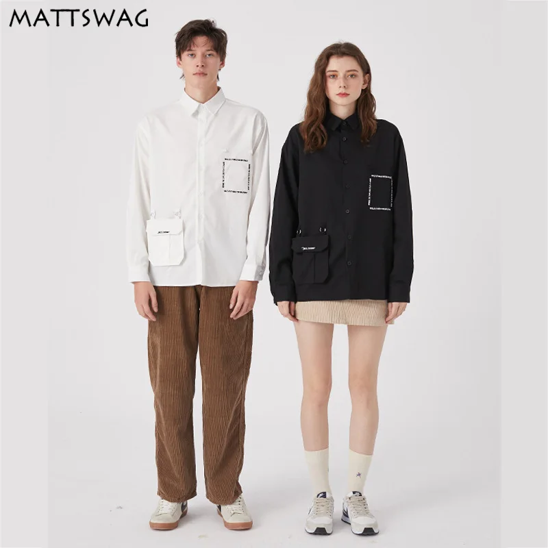 

MATTSWAG Black and White Shirt for Men/Women 2020 Letter Print with Pocket Mens Dress Shirts Casual Slim Fit Men Button Up Shirt