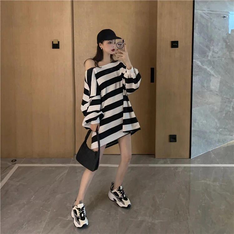 Сексуальная мода Harajuku Slash шеи полосатая футболка с длинными рукавами женская одежда лето Свободные повседневные футболки топы Camisetas Mujer
