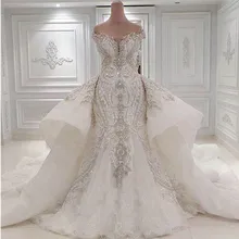 Роскошное Расшитое бисером свадебное платье Русалка съемные Дубай арабские Блестящие кристаллы бриллианты Свадебные платья