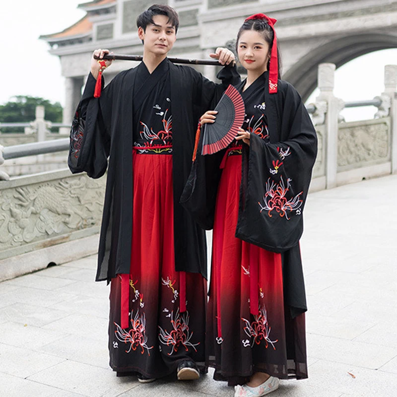 Пары Hanfu Китайская древняя традиционная одежда для женщин и мужчин династии Тан народный танцевальный костюм праздничный наряд черный Caot DN4903
