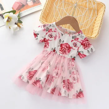 

Summer Hot Sale Baby Girls Dress Cute Flower Print Girls Short Sleeve Mesh Princess Dresses Children's Baby Casual Dress 0-3Y