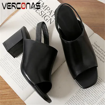 

VERCONAS Women High Quality Classic Design Thick Heel Basic Shoes Genuine Leather Peep Toe Sandals Thick Heels Shoes Woman