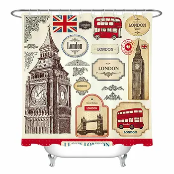 

Vintage London Shower Curtain Set Bathroom Fabric Bath Curtains Hooks