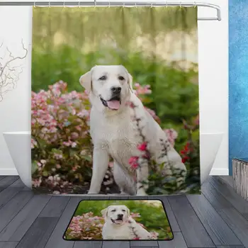 

Happy Labrador Dog Background Pattern Shower Curtain Set 3D Printing Waterproof Coated Polyester Fabric Bathroom with 12 Hooks