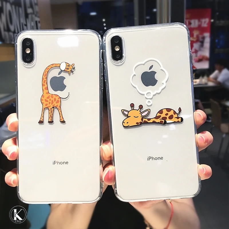 Cute Cartoon animal giraffe Clear Phone Case For iPhone 11 Pro Max X XS XR 7 8 plus 6 6s Couple Transparent Soft TPU Back Cover