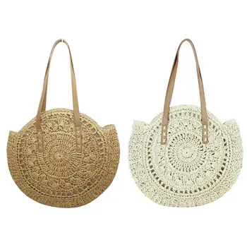 

Hot Vintage Handmade Round Woven Straw Beach Bag Bohemian Summer Beach Women Handbag Zipper Shoulder Bag Tote Vacation Casual Ba